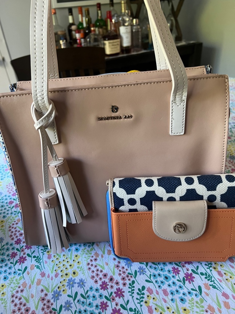Spartina 449 Tan Tote with Navy/Orange Patterned side panels  and Wallet
